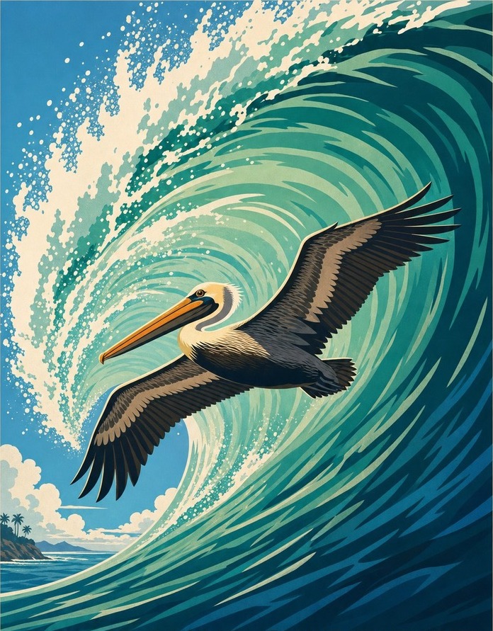 A brown pelican gliding on the air just in front of a breaking teal wave, in the style of a mid-century travel poster.